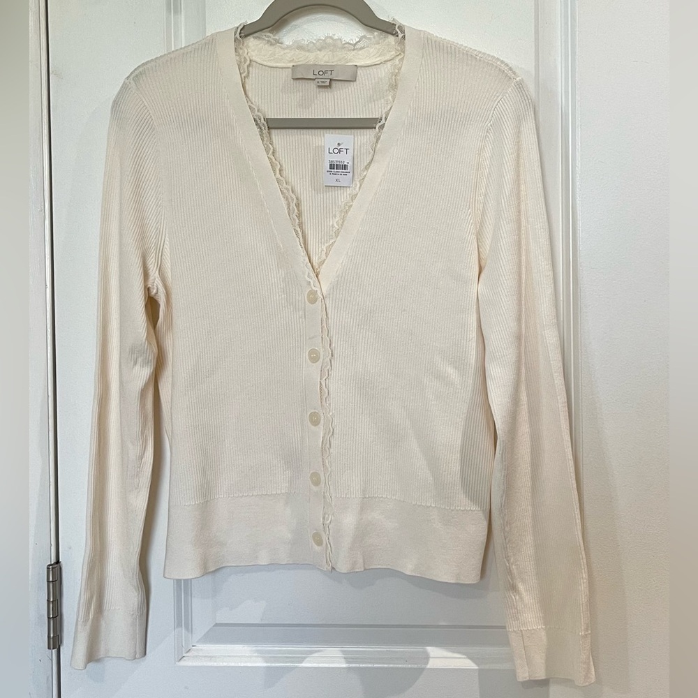 LOFT Ribbed V-Neck Cardigan Lace Trimmed Sz XL Cream NWT